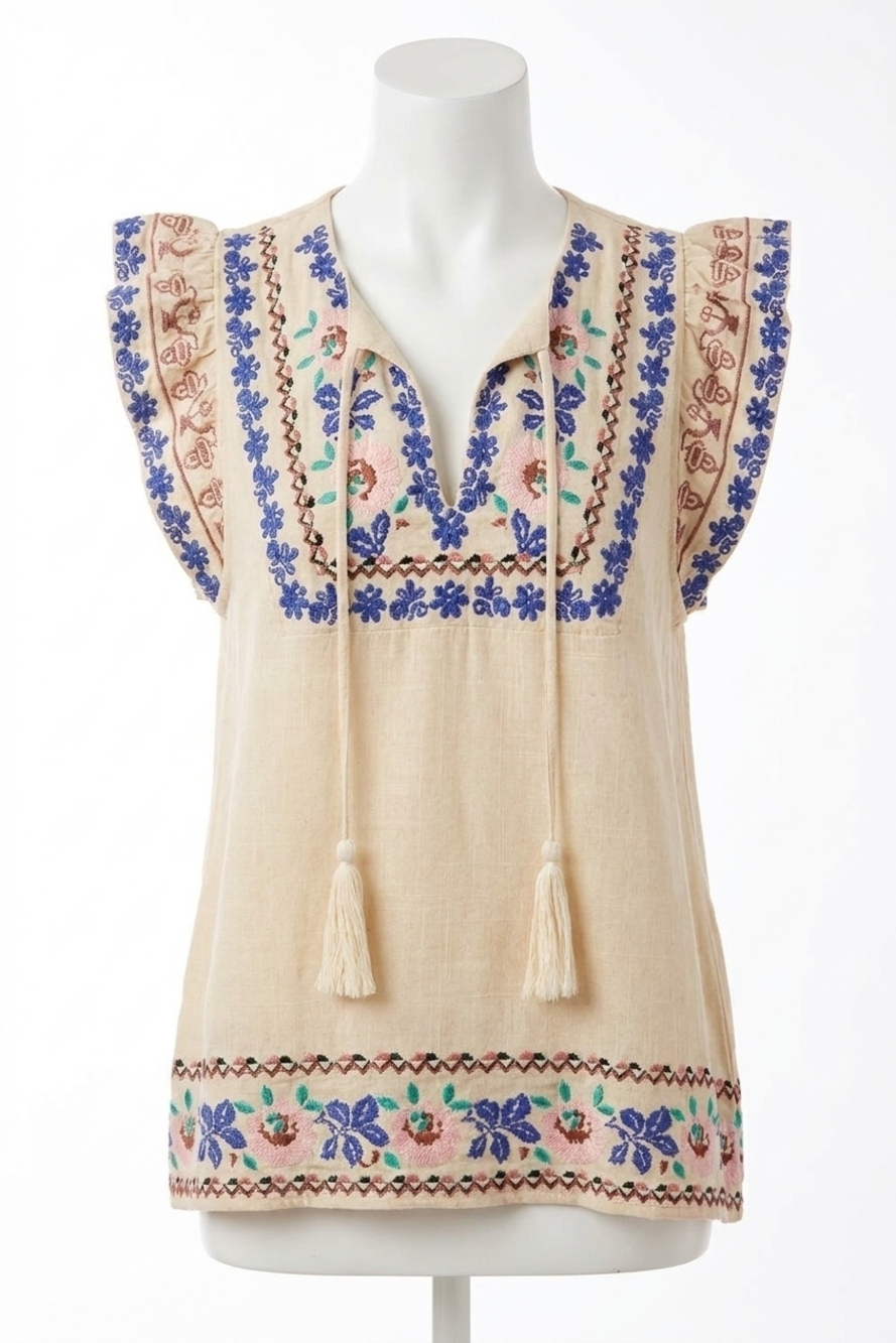 NEW BLUIVY boho embroidered ruffled sleeve tasseled drawstring top linen blend i